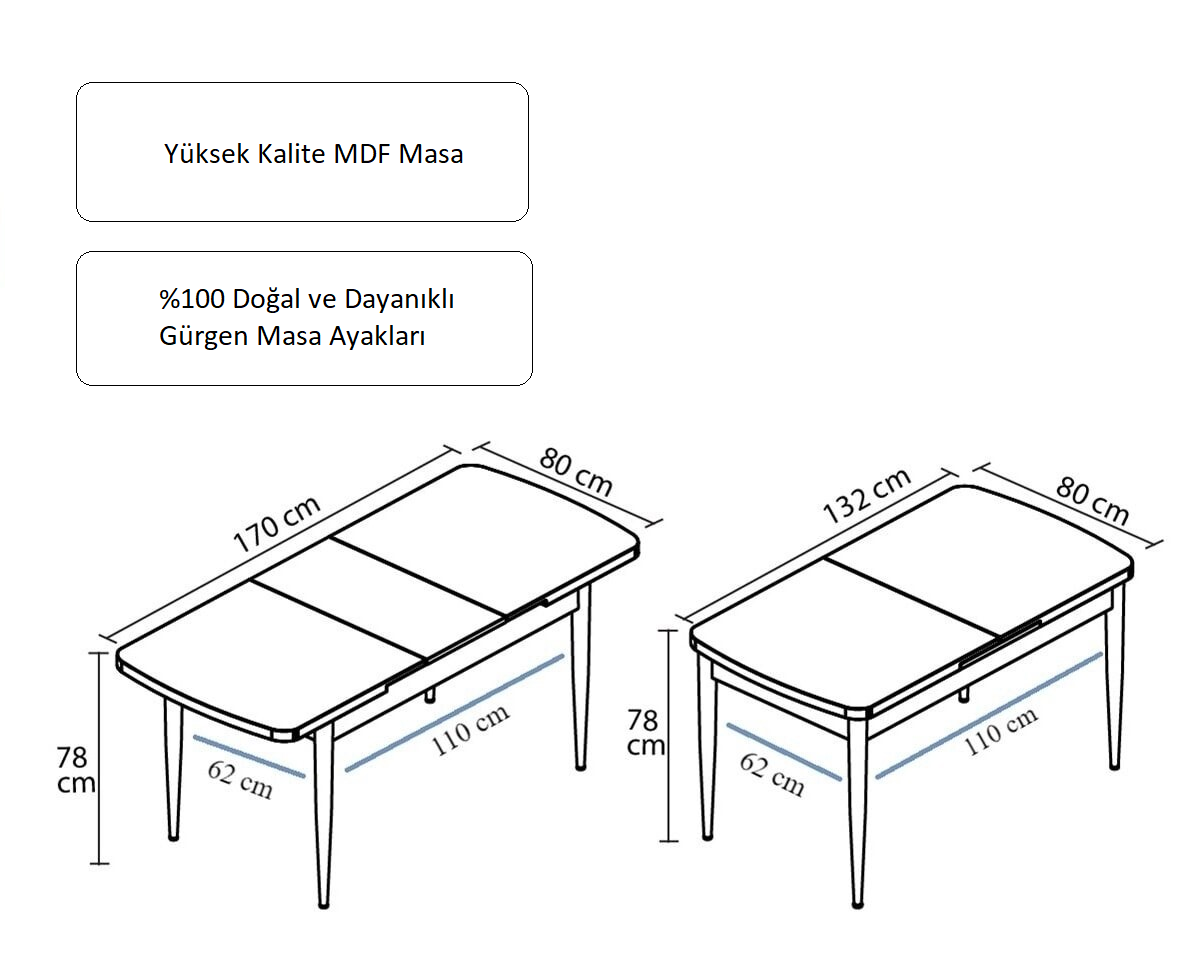 Luna Serisi, 80x132 Açılabilir MDF Mutfak ve Yemek Masası Takımı + 4 Adet Cappucino Sandalye