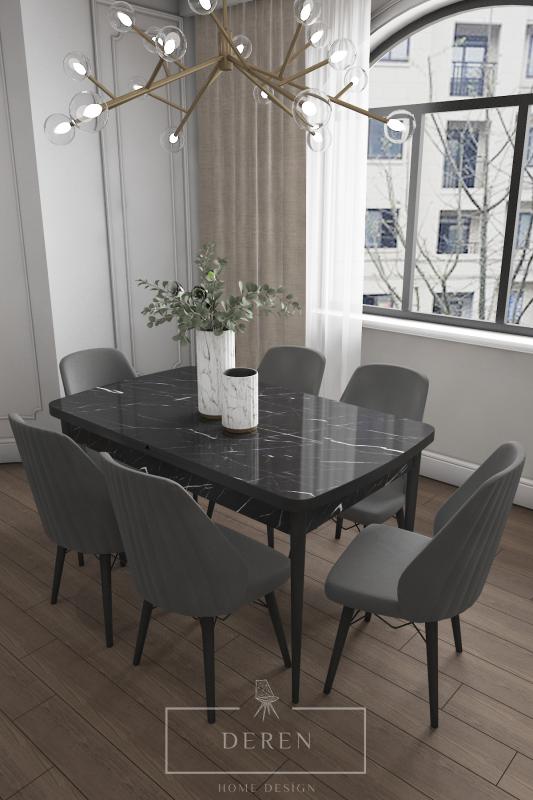 Mabel Serisi, 80x132 Mutfak ve Salon Yemek Masası Takımı + 6 Adet Antrasit Sandalye