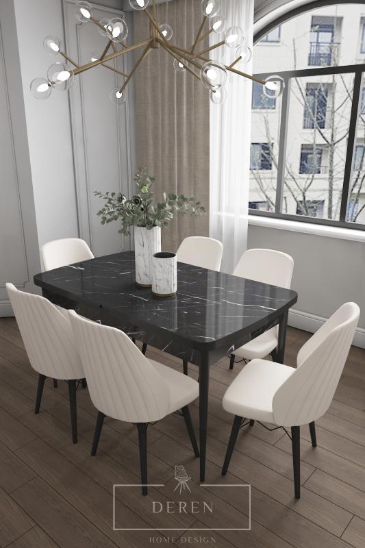 Mabel Serisi, 80x132 Mutfak ve Salon Yemek Masası Takımı + 6 Adet Krem Sandalye