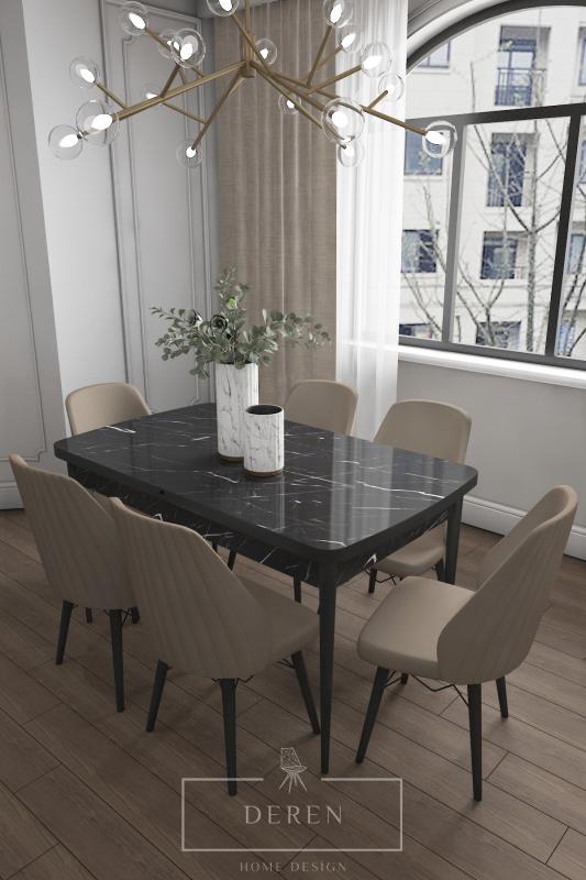 Alfa Serisi, 80x132 Açılabilir MDF Yemek Masası Takımı + 6 Adet Kahve Sandalye