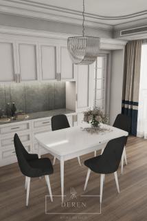 Luna Serisi, 80x132 Açılabilir MDF Mutfak ve Yemek Masası Takımı + 4 Adet Siyah Sandalye