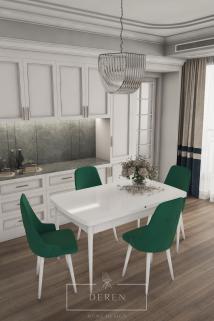 Luna Serisi, 80x132 Açılabilir MDF Mutfak ve Yemek Masası Takımı + 4 Adet Yeşil Sandalye