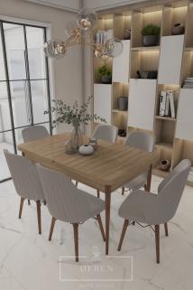 Mabel Serisi, 80x132 Mutfak ve Salon Yemek Masası Takımı + 6 Adet Açık Gri Sandalye