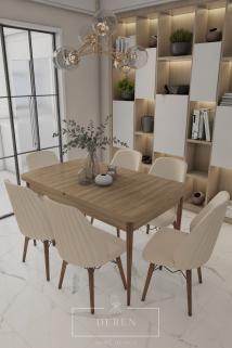 Mabel Serisi, 80x132 Mutfak ve Salon Yemek Masası Takımı + 6 Adet Bej Sandalye