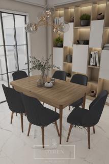 Mabel Serisi, 80x132 Mutfak ve Salon Yemek Masası Takımı + 6 Adet Füme Sandalye