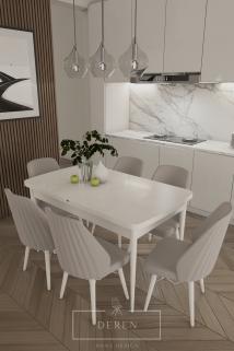 Mabel Serisi, 80x132 Mutfak ve Salon Yemek Masası Takımı + 6 Adet Açık Gri Sandalye