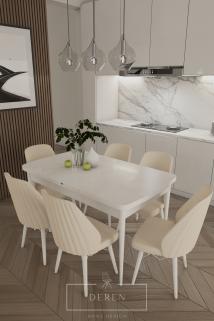 Mabel Serisi, 80x132 Mutfak ve Salon Yemek Masası Takımı + 6 Adet Bej Sandalye