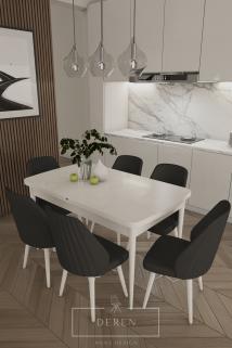 Mabel Serisi, 80x132 Mutfak ve Salon Yemek Masası Takımı + 6 Adet Siyah Sandalye