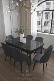 Mabel Serisi, 80x132 Mutfak ve Salon Yemek Masası Takımı + 6 Adet Füme Sandalye