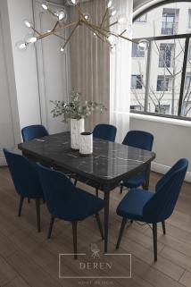 Mabel Serisi, 80x132 Mutfak ve Salon Yemek Masası Takımı + 6 Adet Lacivert Sandalye