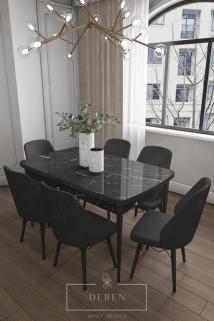 Mabel Serisi, 80x132 Mutfak ve Salon Yemek Masası Takımı + 6 Adet Siyah Sandalye