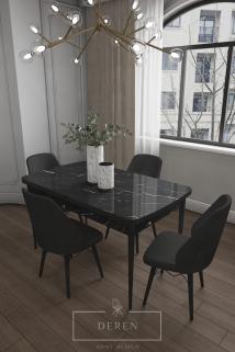 Mabel Serisi, 80x132 Mutfak ve Salon Yemek Masası Takımı + 4 Adet Siyah Sandalye