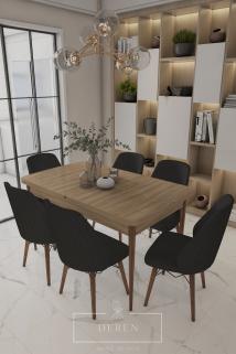 Alfa Serisi, 80x132 Açılabilir MDF Yemek Masası Takımı + 6 Adet Siyah Sandalye
