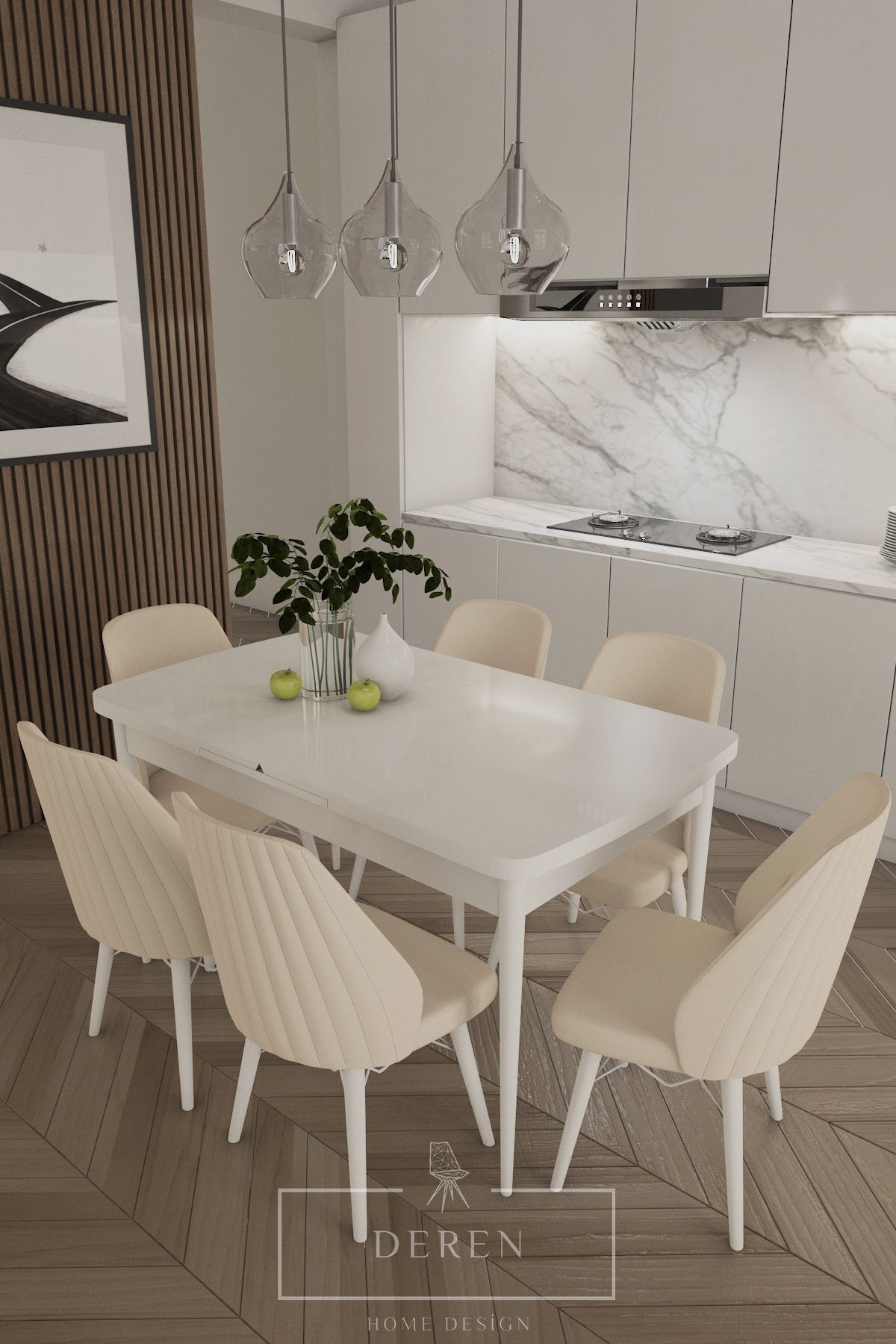 Alfa Serisi, 80x132 Açılabilir MDF Yemek Masası Takımı + 6 Adet Bej Sandalye