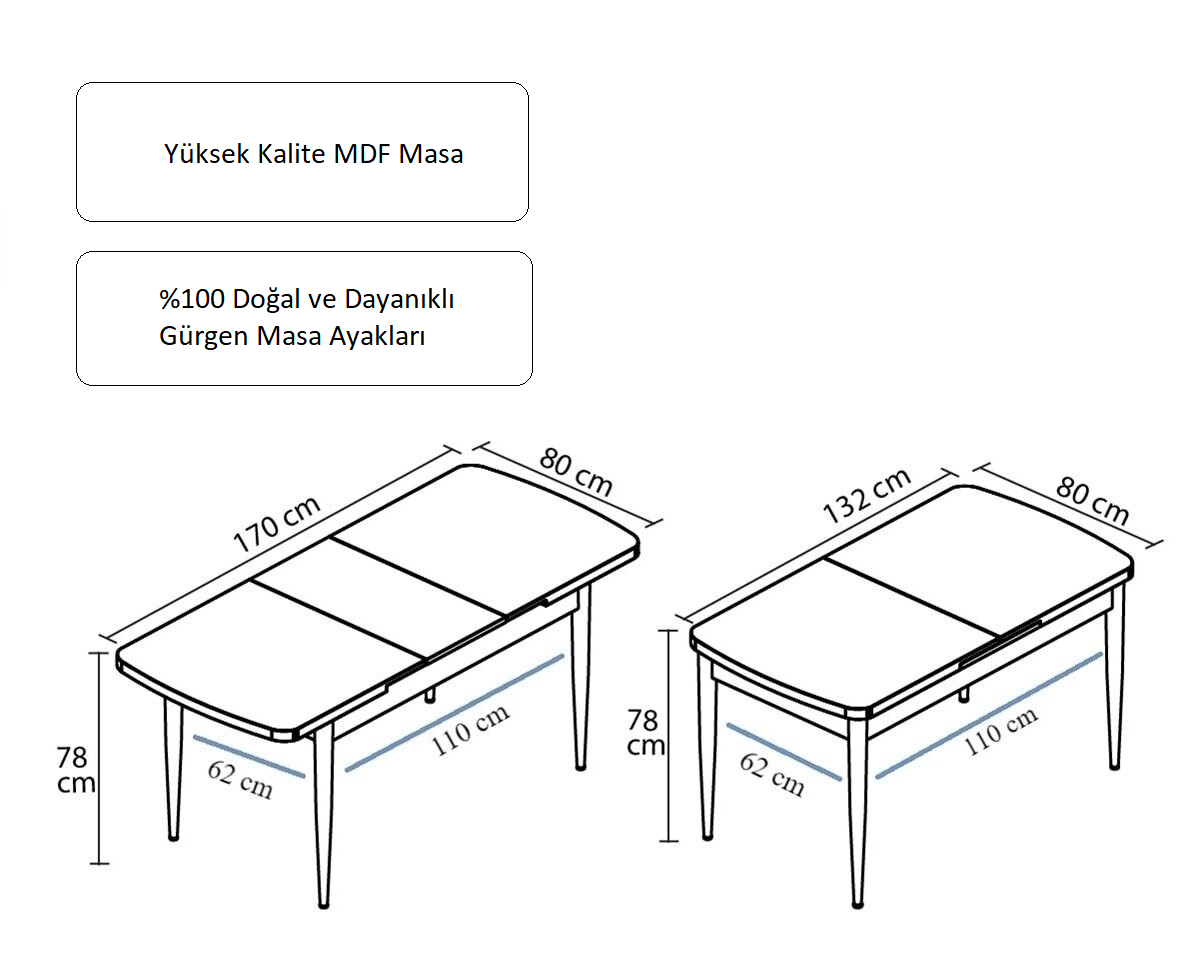 Alfa Serisi, 80x132 Açılabilir MDF Yemek Masası Takımı + 6 Adet Bej Sandalye