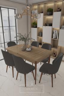 Mabel Serisi, 80x132 Mutfak ve Salon Yemek Masası Takımı + 6 Adet Antrasit Sandalye