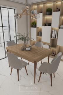 Mabel Serisi, 80x132 Mutfak ve Salon Yemek Masası Takımı + 4 Adet Açık Gri Sandalye